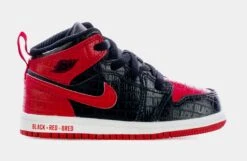 Air Jordan 1 Mid Black + Red = Bred Infant Toddler Lifestyle Shoes (Black/Red)