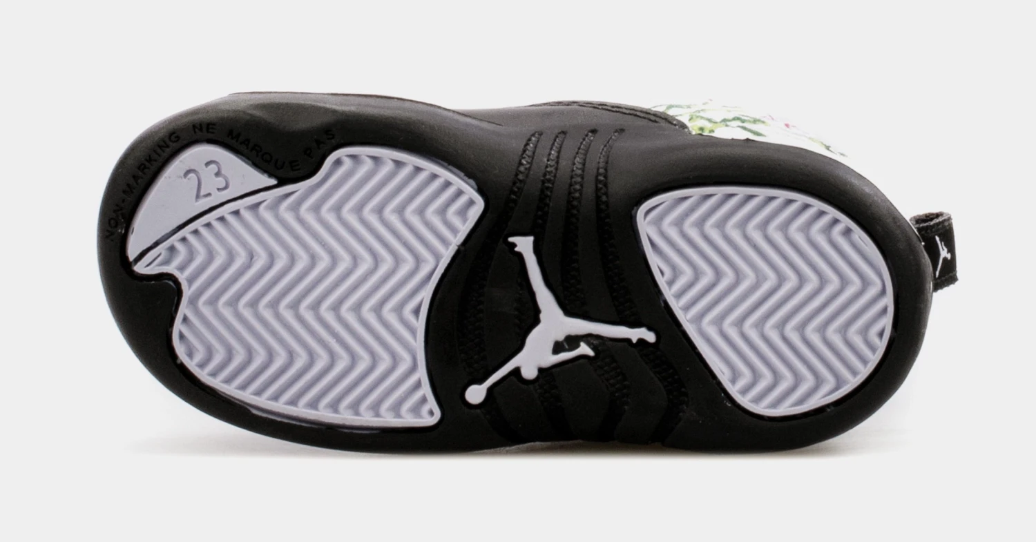 Air Jordan 12 Retro Floral Infant Toddler Lifestyle Shoes (Black/White) - Image 3